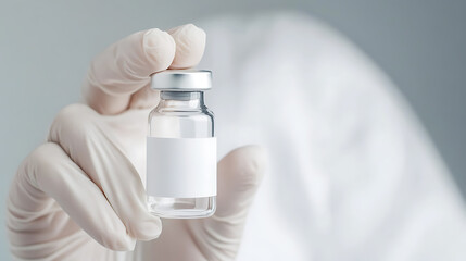 Close-up of a medical professional holding a glass vial with a blank white label, wearing protective gloves and a white coat, against a soft-focus gray and white background.