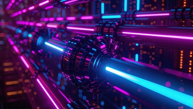 Futuristic Neon Light Tunnel with Glowing Blue and Pink Tubes.