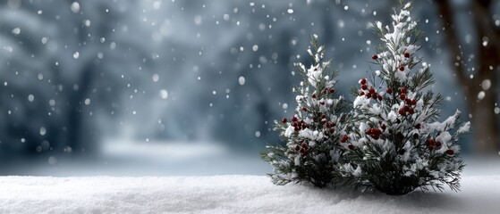 A small, decorated Christmas tree covered in snow stands on the white surface of heavy falling snow, with red berries and green branches against a blurred background of a dark blue-gray forest.
