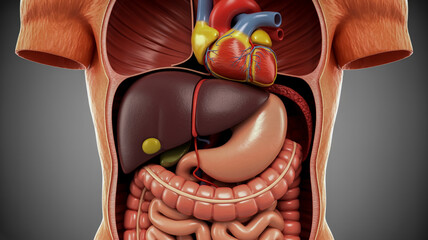 Anatomical Illustration of Human Torso Showing Internal Organs Including Heart Liver Stomach and Intestines
