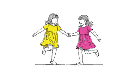 Two young girls holding hands and running together happily in their dresses.