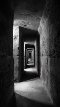 Long Black And White Corridor With Repeating Door Frames Creating Deep Perspective And Mystery
