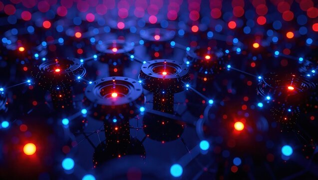 Futuristic Network of Glowing Red and Blue Nodes.