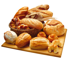 tábua de madeira com pães variados isolado em fundo transparente