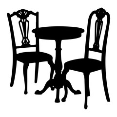 Black and white silhouette of antique table and chairs. Furniture restoration services. Vector graphics. EPS.
