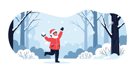 A cheerful child in a red coat throws snowballs in a snow-covered forest with bare trees and bushes.