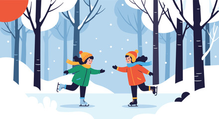 Two children joyfully ice skating together during a peaceful winter snowfall in a serene forest setting.