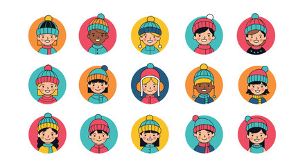 A diverse collection of cartoon children wearing colorful winter hats. Some children are smiling warmly.