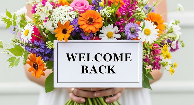 Woman holding a bouquet of colorful flowers with a welcome back sign