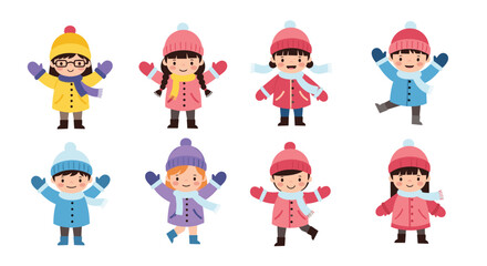 A group of happy children dressed in winter clothes and hats enjoying a snowy day.