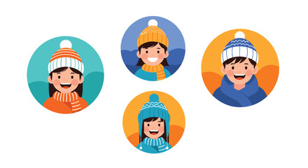 Illustrations of four smiling children wearing winter hats and scarves in circular frames.