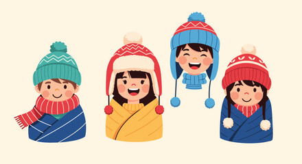 Cute cartoon children dressed in warm winter clothes ready for the cold season.