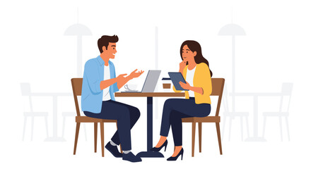 Business Meeting: Man and Woman Discussing Project at Cafe, Vector Illustration
