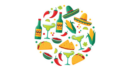 A vibrant circular arrangement of Mexican food and drink elements including tacos margaritas and chili peppers.
