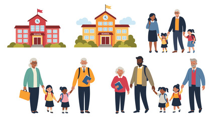 Diverse families escorting children to school building entrances for education and learning.