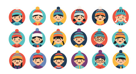 A collection of charming illustrated avatars representing children dressed in winter hats and sweaters during the cold season.