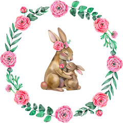 Watercolor illustration Cute mom and baby rabbit with flower wreath