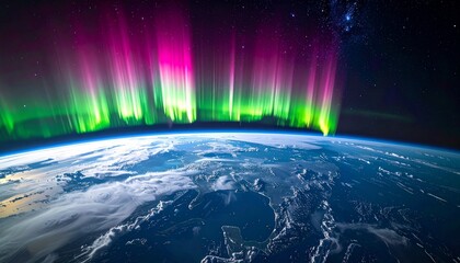 Spectacular aurora borealis display illuminating Earth's atmosphere from space