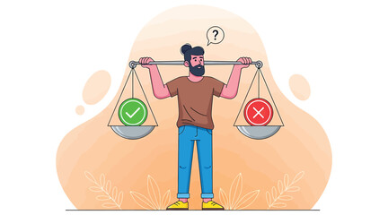 Vector art of decision making dilemma, a man balancing pros and cons, symbolizing the challenge of weighing options and making informed choices in life and business