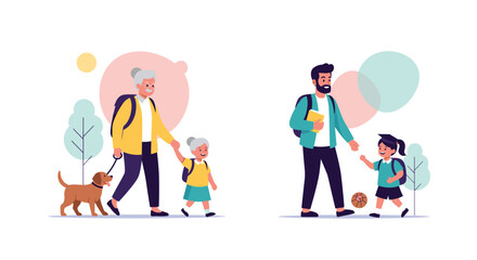 Fototapeta premium A grandmother and a father walking children to school with their pets.