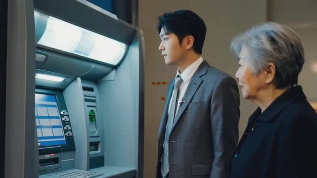 Businessman helping a senior person use the ATM.