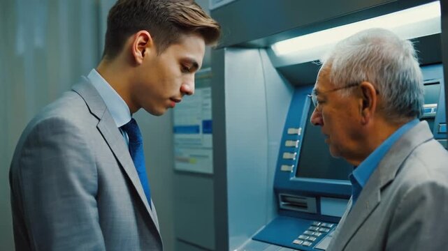 Businessman helping a senior person use the ATM.