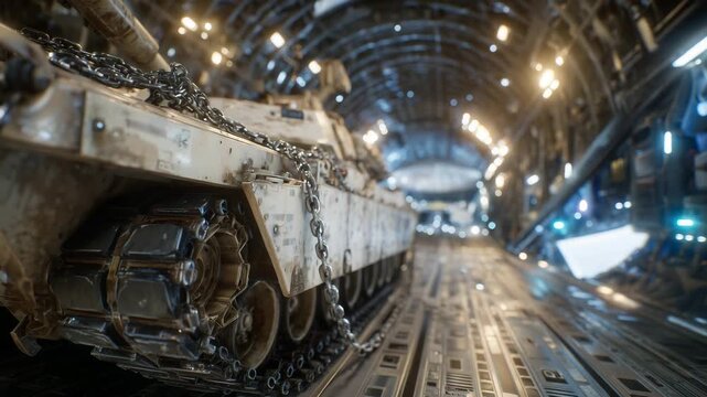 201Close-up perspective of tank tracks and armored body inside cargo plane, thick securing chains and hooks anchoring it, metallic panels and overhead lights adding depth