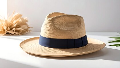 Light beige straw hat with navy ribbon