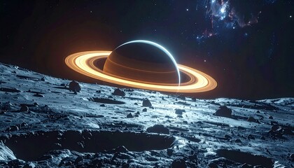 A breathtaking cosmic vista unfolds as a majestic ringed gas giant ascends over a rugged, cratered moonscape, bathed in the ethereal glow of distant nebulae and countless stars