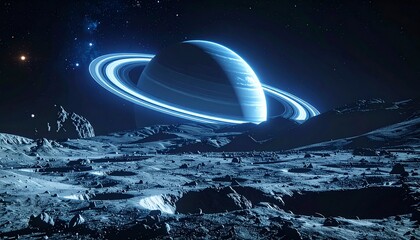 Stunning view of Saturn from a barren moon's surface with dramatic lighting and a star-filled sky