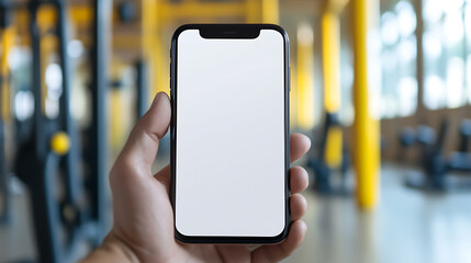 A hand holds a smartphone with a blank white screen inside a gym. The gym has weightlifting equipment, exercise machines, and is a vibrant, bright yellow and light blue.