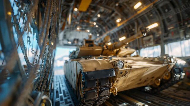 205Close-up of tank&rsquo;s turret and tracks inside cargo bay, metal cables and securing straps in sharp focus, plane walls and support beams creating industrial perspective