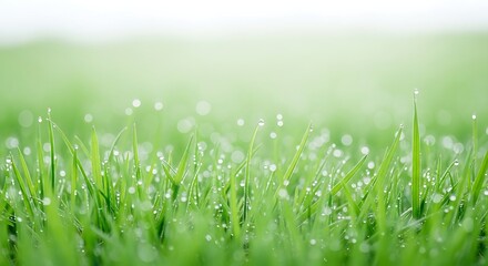 Fototapeta premium Serene Close Up Fresh Green Grass Blades with Water Droplets