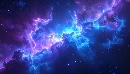 Vibrant cosmic nebula with glowing clouds of interstellar gas and dust in brilliant shades of blue and purple against a star-filled background