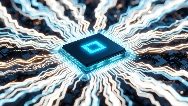 Digital computer technology is displayed in a macro closeup of a blue electronic circuit board with a processor chip, memory, and other essential hardware