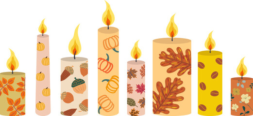 autumn festive candles set vector flat illustration fall season decoration element collection for thanksgiving and halloween holiday celebration design