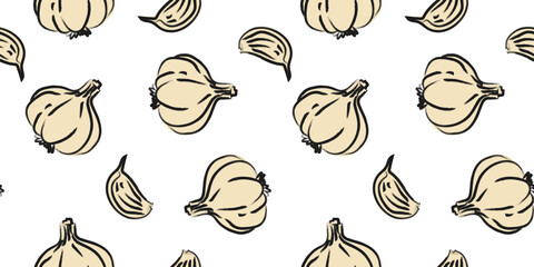 minimalist hand drawn garlic seamless pattern with cloves on white background vector kitchen wallpaper design for restaurant menu packaging and food print