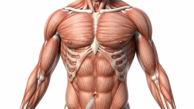 Human Torso Musculature Anatomy - Close-up view of the human torso showcasing the musculature system and bone structure.