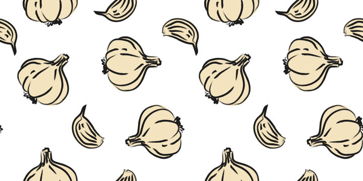 minimalist hand drawn garlic seamless pattern with cloves on white background vector kitchen wallpaper design for restaurant menu packaging and food print