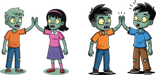 Zombie high five, cartoon undead, horror gesture, creepy friends, green skin, playful monsters, surreal greeting, funny zombies, festive fear, spooky fun