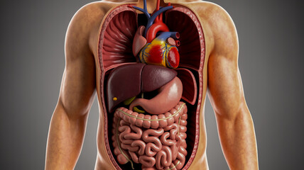 Detailed 3D Anatomical Model of Human Torso Showing Internal Organs and Heart human anatomy