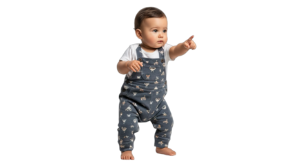 Baby boy in overalls pointing isolated on transparent background
