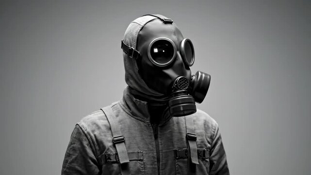 Person in Gas Mask - A person is shown from the chest up wearing a full, dark-colored gas mask with large eye pieces. The person is also wearing a heavy zipped suit with thick straps across the chest.