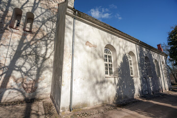 Kandava Lutheran Church Tower Against a Clear Blue Sky in Latvia