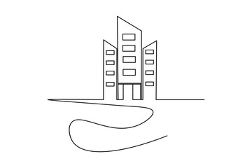 Elegant continuous line drawing of a modern office building with minimalist architectural style. Perfect for design, architecture, or business concepts