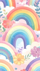 A whimsical, vibrant illustration of multiple rainbows arched over fluffy clouds, adorned with colorful flowers and delicate leaves. A pastel, cheerful scene