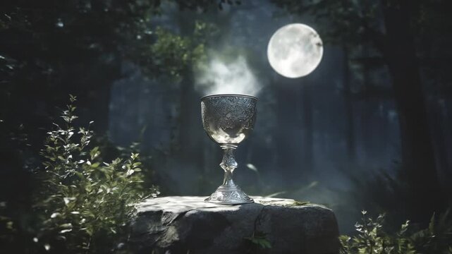 Mysterious goblet under moonlight in forest setting with ethereal glow