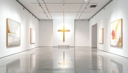 Empty, modern art gallery showcasing abstract paintings, with a gold cross