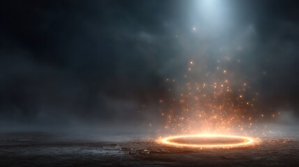 Obraz premium Magical Circle with Golden Sparks Glowing Under a Moody Blue Sky Background