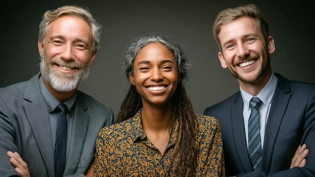 Three diverse business professionals, including a young adult Black woman and two men (one middle-aged, one young adult), smiling and standing in suits against a transparent backgr